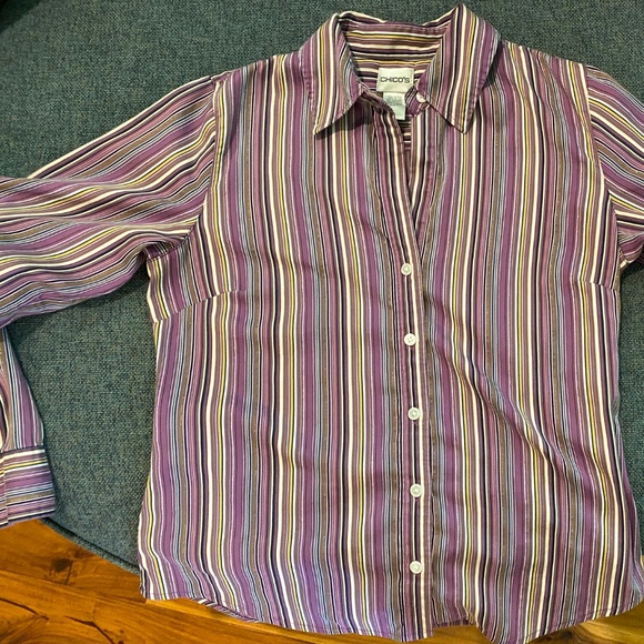 💜 💚Chico’s Long Sleeve White, Black, Purple & Green Striped Button Down Blouse - Picture 6 of 7